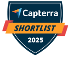 Capterra Shortlist 2025 badge, featuring dark blue shield with red accents, highlighting software excellence recognition., Capterra, Shortlist2025