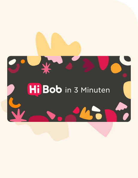 HiBob card design with vibrant shapes and text 'HiBob in 3 Minuten' on a dark background, emphasizing quick insights. , HiBob, card design