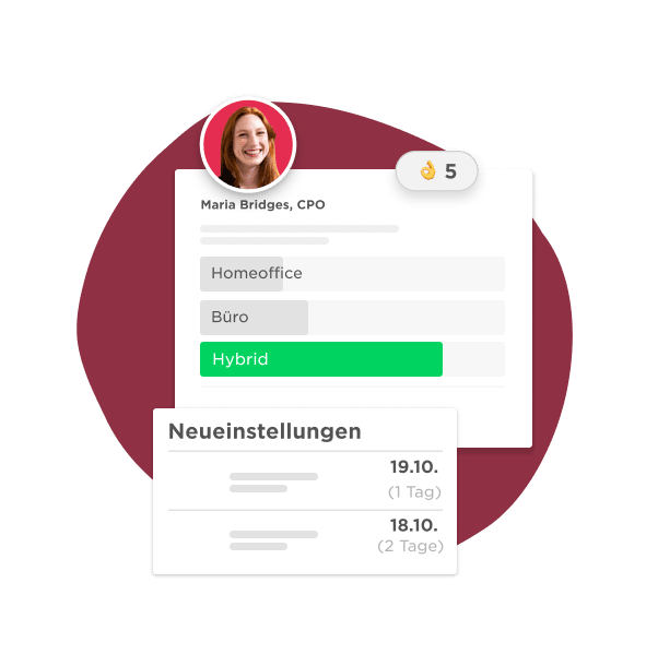 Maria Bridges CPO profile with hybrid work options, recent dates, and performance rating displayed clearly. User interface design., CPO profile, Hybrid work options