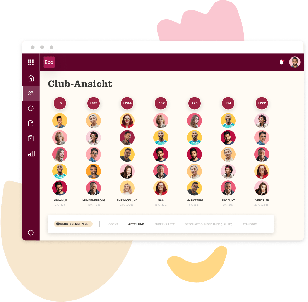 Club overview dashboard displaying team members, performance metrics, and departmental insights in a visually appealing layout. Bob, performance dashboard, team overview