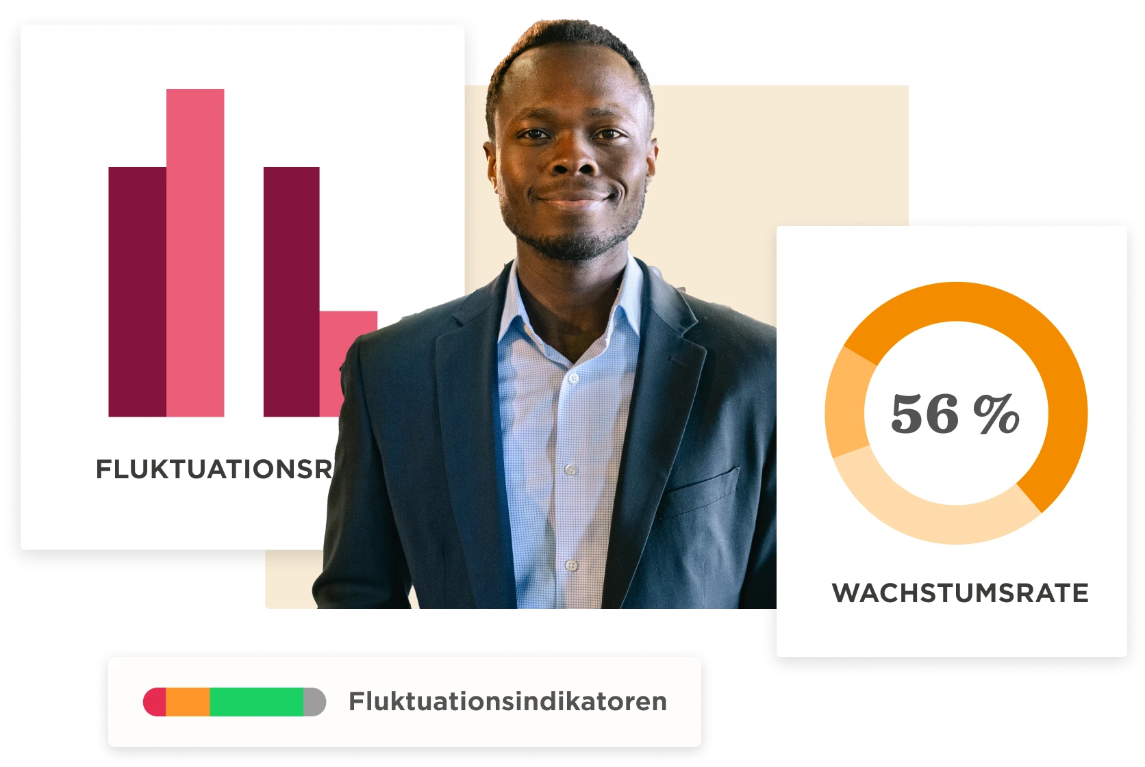 Fluktuationsdaten mit Mann in Anzug, Diagramme und Wachstumsrate von 56 % sichtbar., Fluktuationsdaten, Wachstumsrate56%
