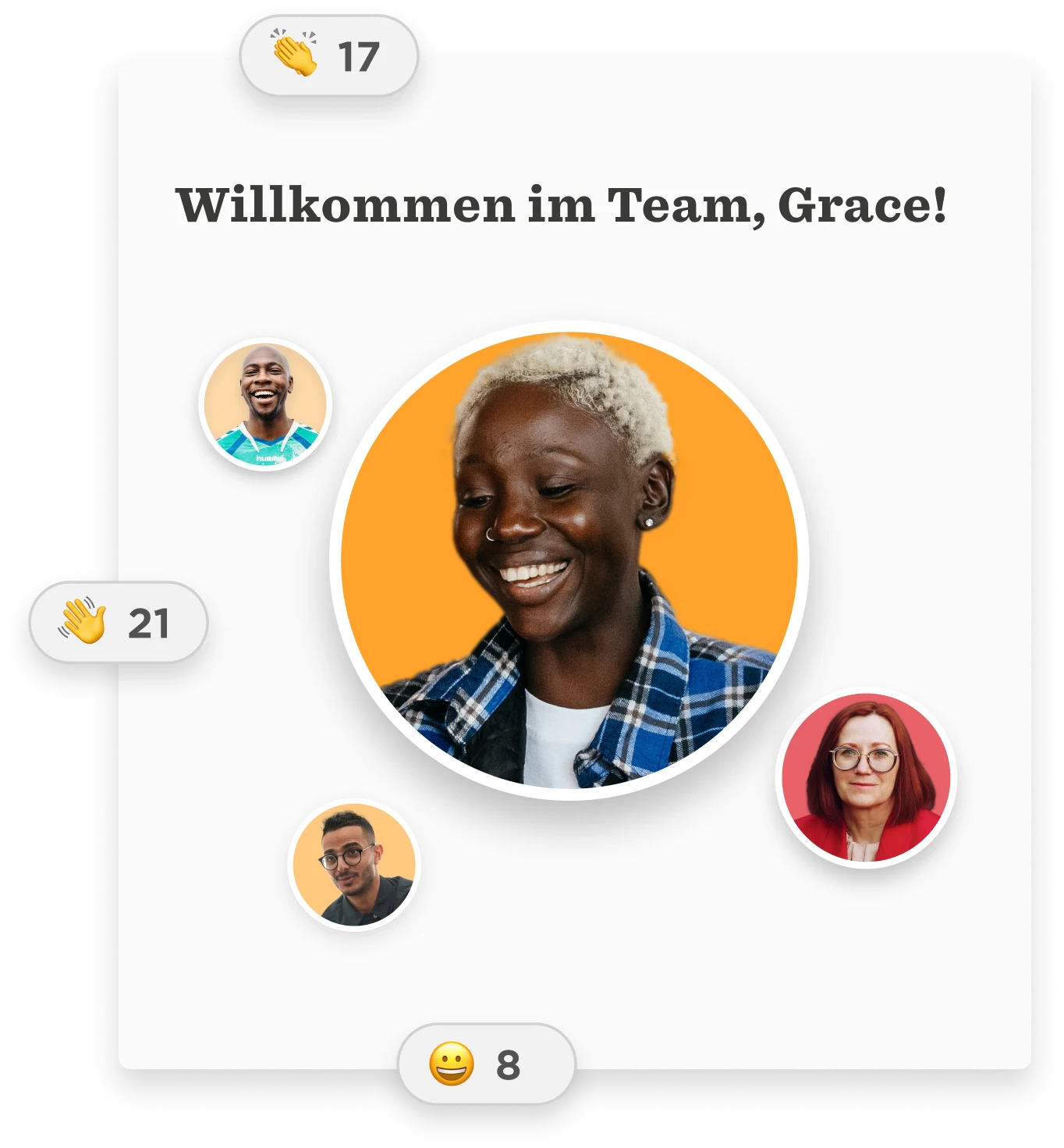 Willkommen im Team, Grace!, Smiling woman with short hair and plaid shirt surrounded by team members' images and reactions