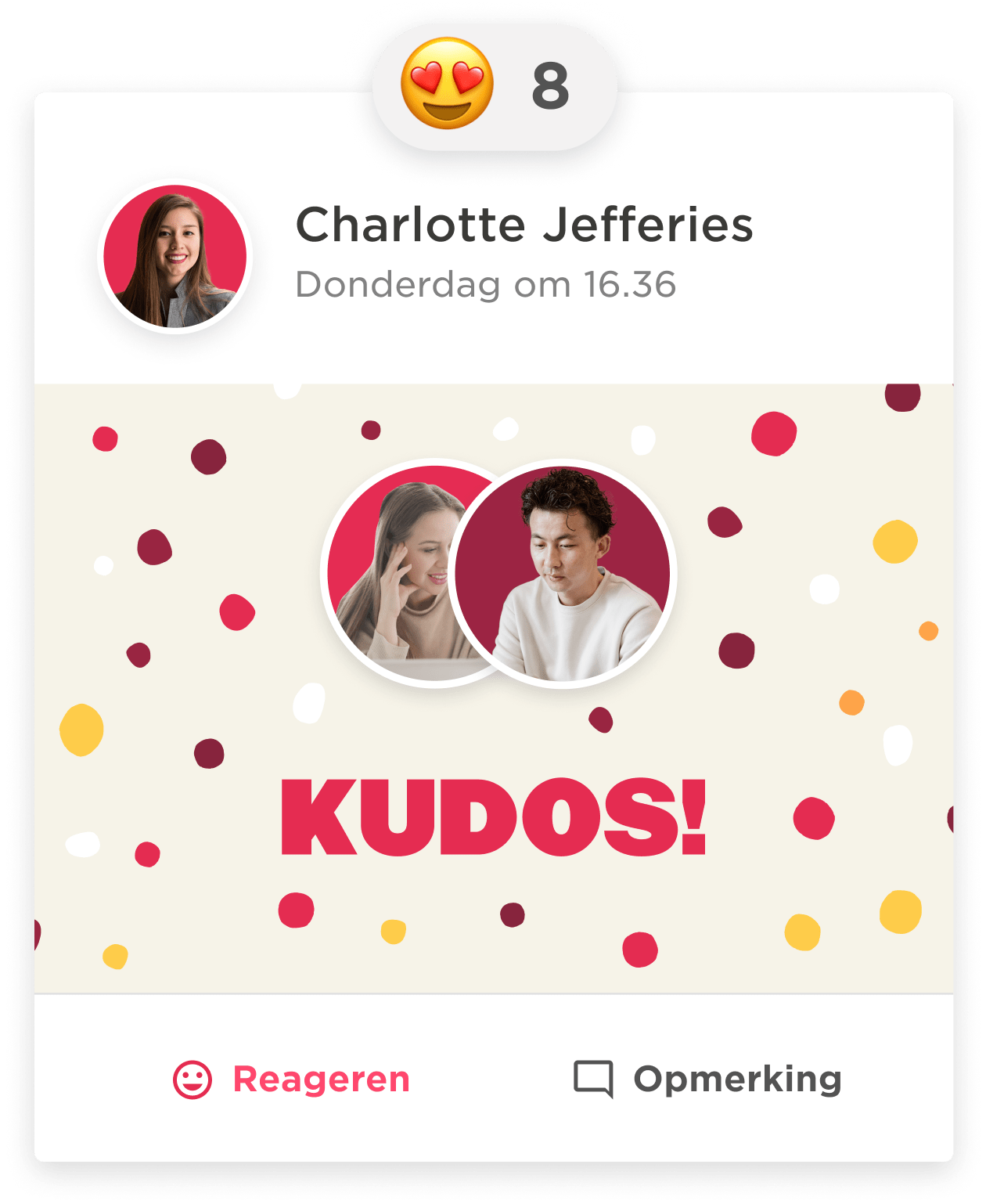 Charlotte Jefferies praises two individuals, highlighted by "KUDOS!" text and colorful confetti background., Charlotte Jefferies, KUDOS!