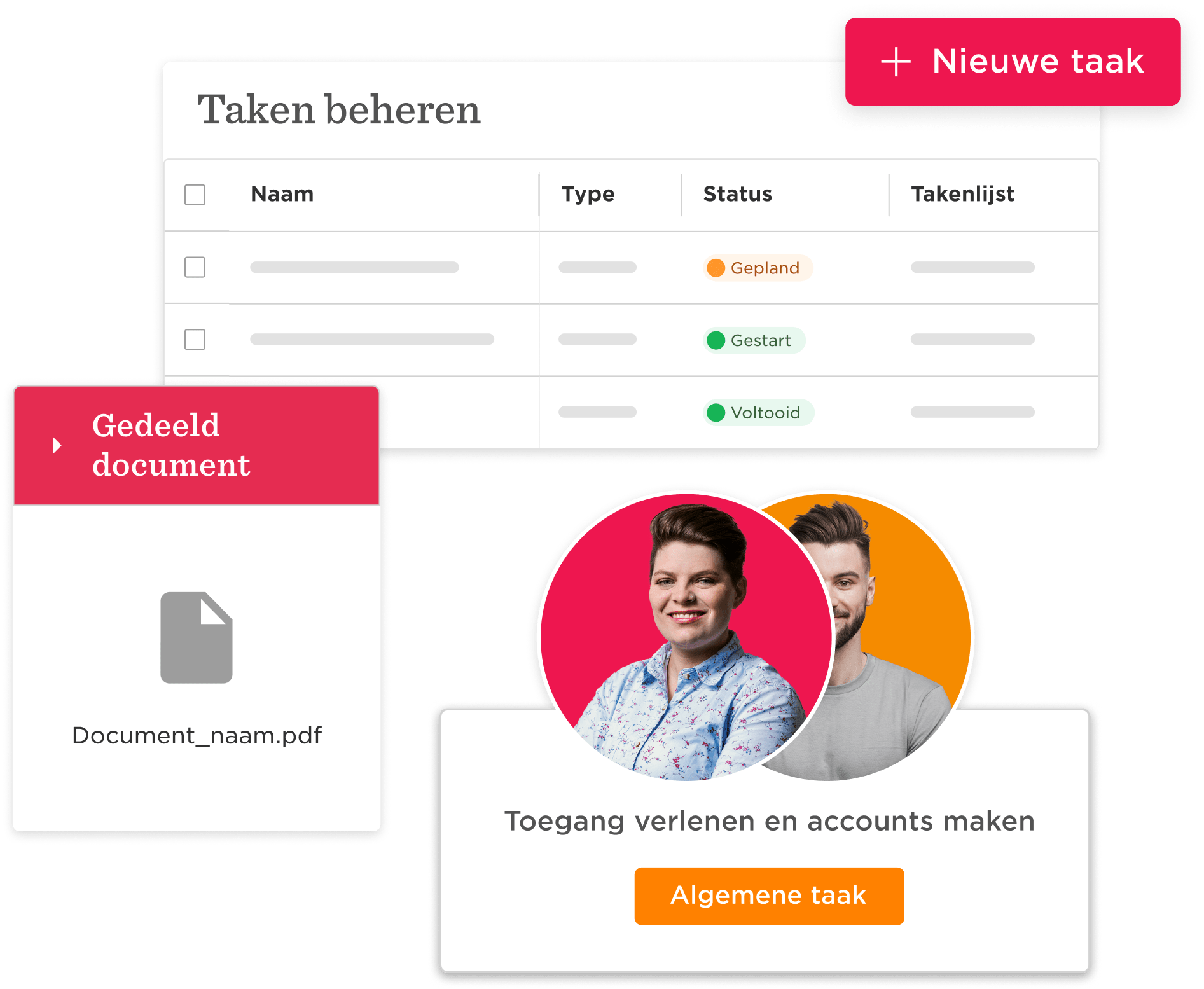 taken beheren, document delen met toegang en accounts maken