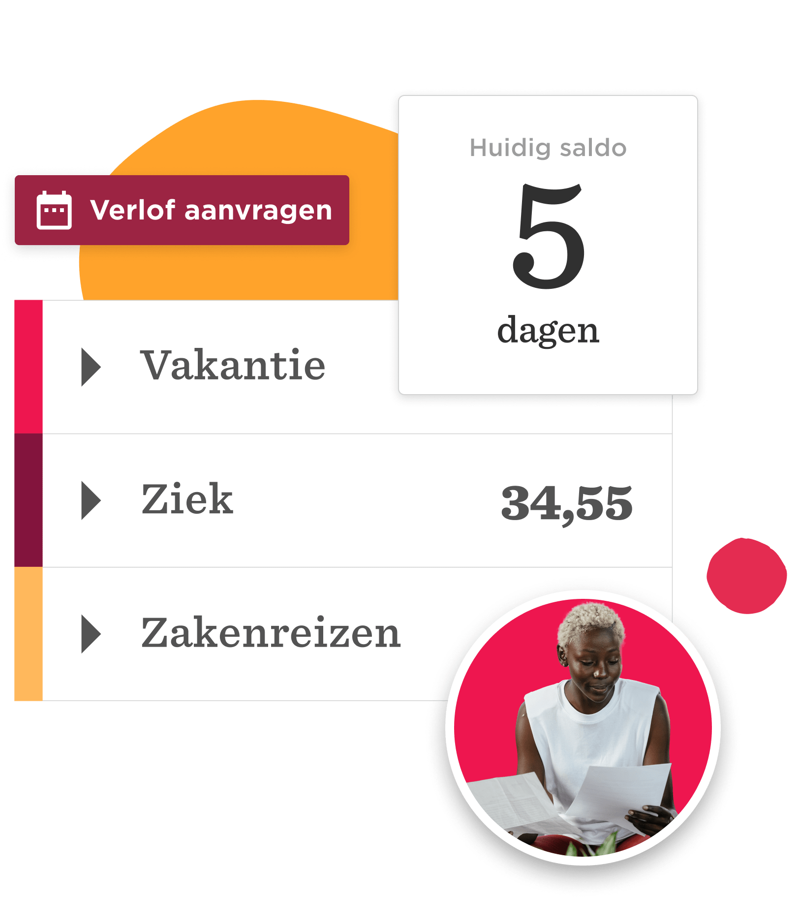 Verlof aanvragen, Huidig saldo 5 dagen, werkstatus en verlofopties zoals vakantie, ziek, en zakenreizen.