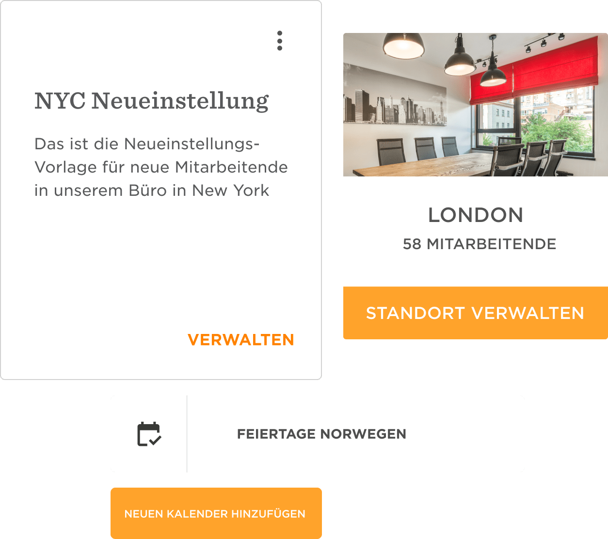 NYC Neueinstellung, London Standort, Büro mit Konferenzraum, Team verwalten, Feiertage, Kalender hinzufügen. NYC Neueinstellung, London Standort