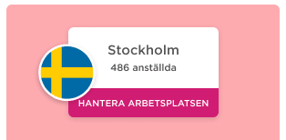 Stockholm icon with employee count and call to action for tailored experiences, Sweden flag icon and workplace management prompt
