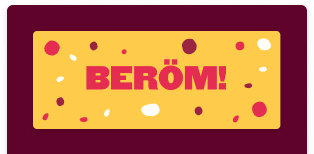 BERÖM! badge with colorful splashes promoting community building and a call to action for more information, community engagement card design