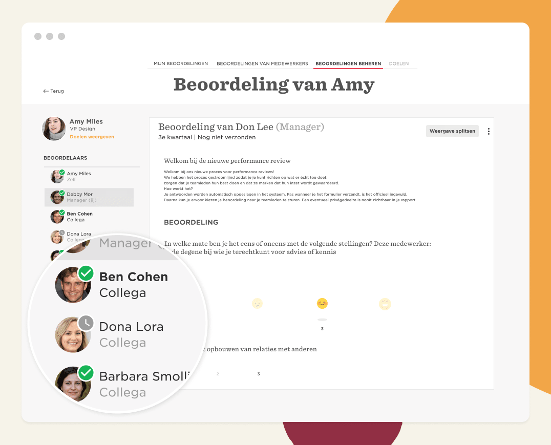 performance review interface, feedback from colleagues Ben Cohen, Dona Lora, and Barbara Smollin