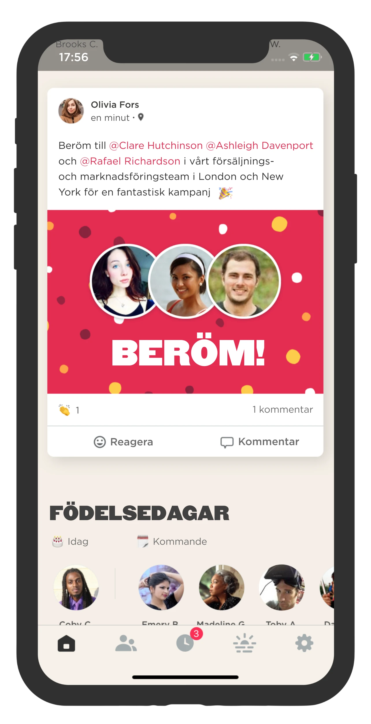 Beröm collage celebrating team members with colorful background and user interface showcasing birthday reminders., team recognition, colorful UI elements