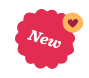 new badge, pink decorative tag with heart symbol