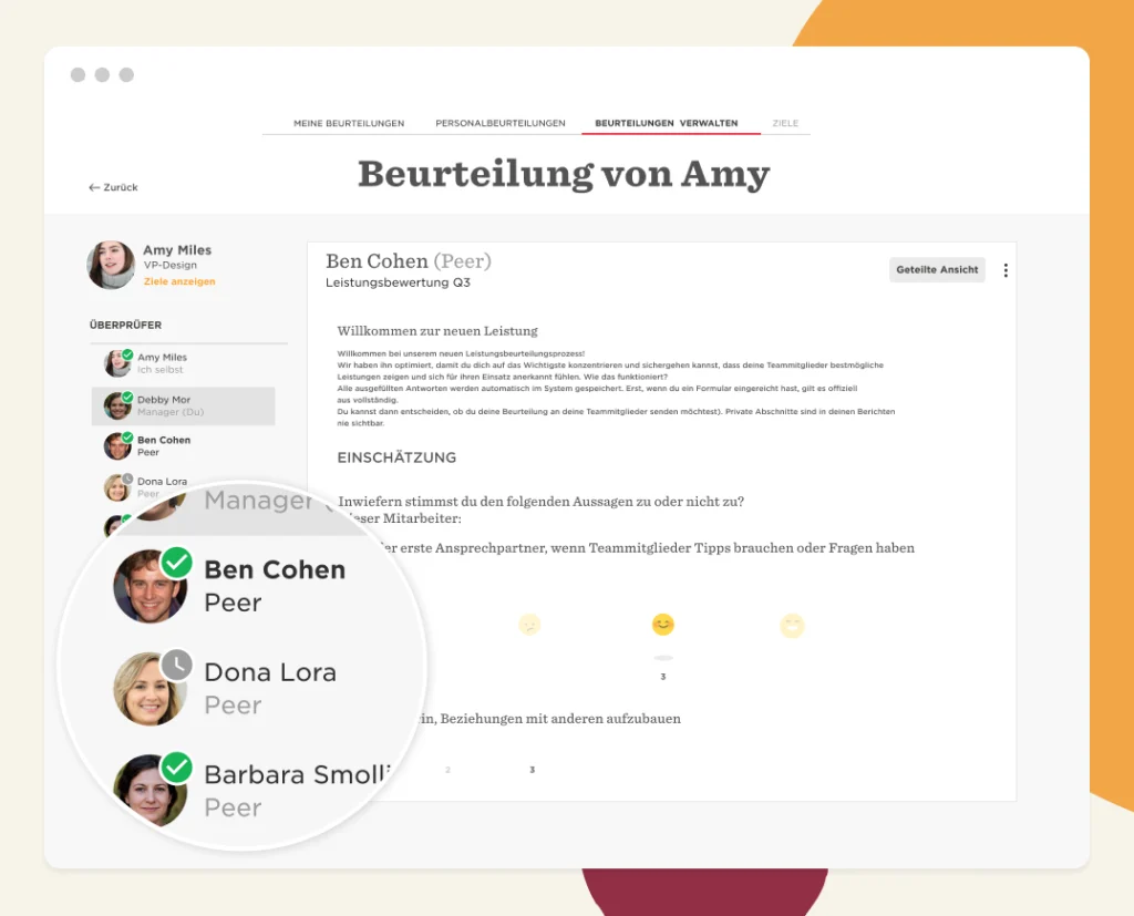 Beurteilung von Amy, zeigt Feedbackprozess mit Ben Cohen, Dona Lora, und Barbara Smoll als Peers. , Feedbackprozess, Teamarbeit