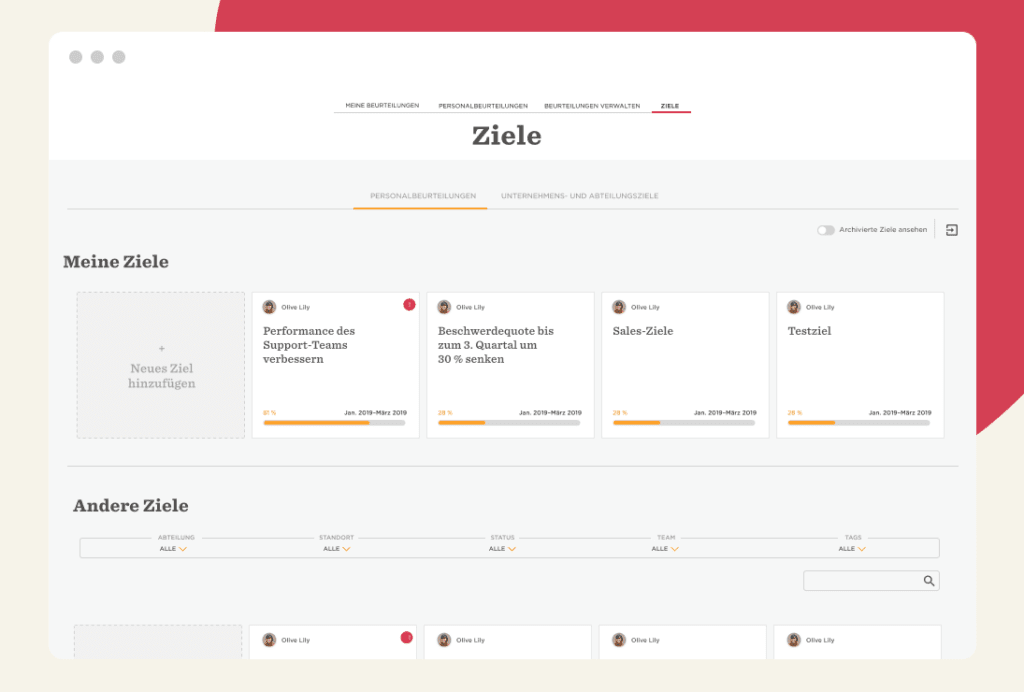 Meine Ziele, Ziele Übersicht mit Zielverfolgung und Leistungsindikatoren auf einer modernen Benutzeroberfläche.