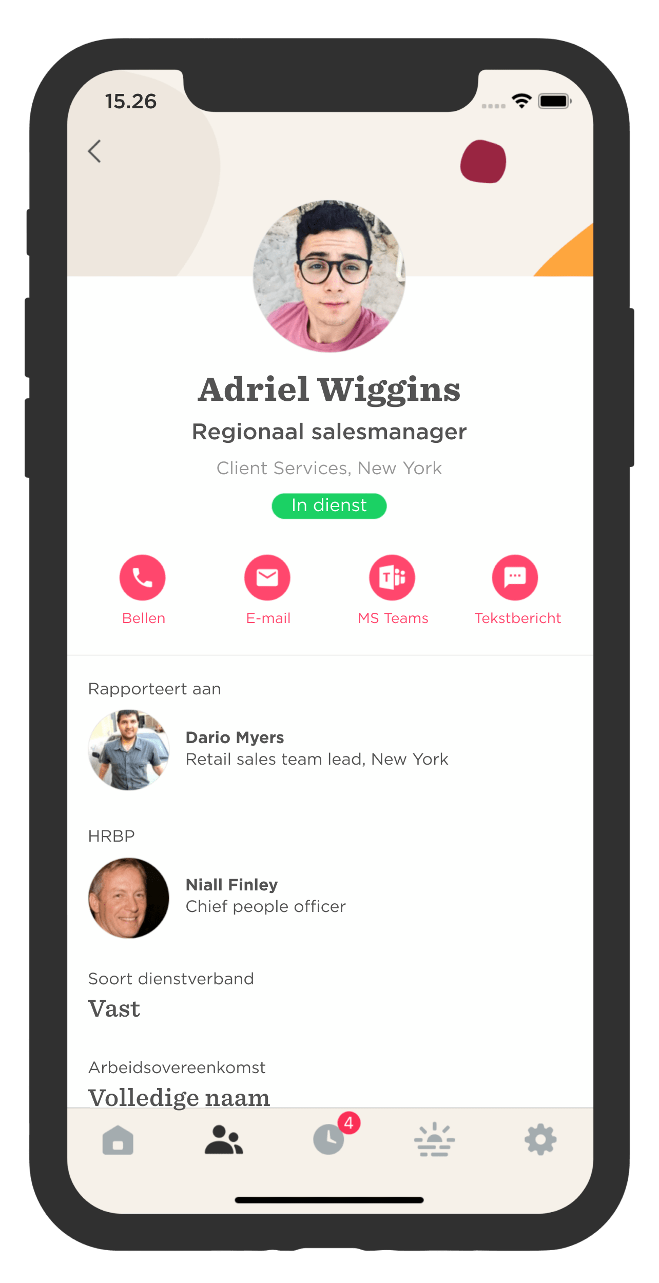 Adriel Wiggins profile on mobile, New York sales manager, contact options, reporting hierarchy, employment details., Mobile profile of Adriel Wiggins, regional sales manager, featuring contact icons and reporting structure.