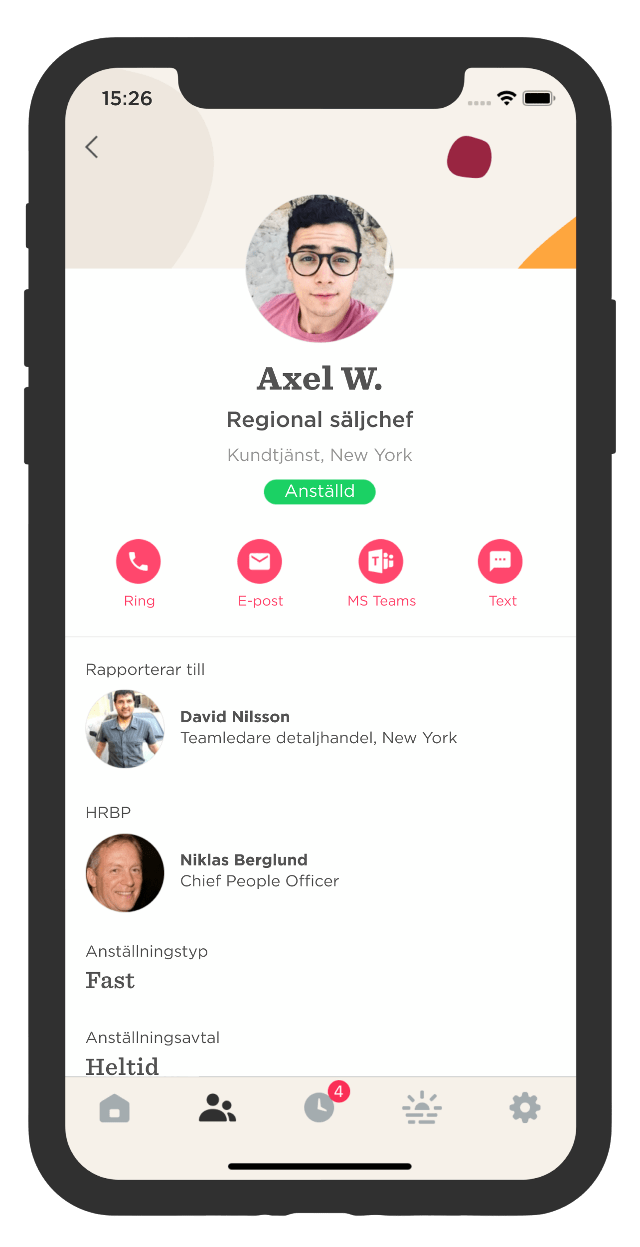 Axel W.'s profile on mobile app; includes contact info, reporting structure, and employment details. Professional layout., AxelWProfile, MobileAppInterface