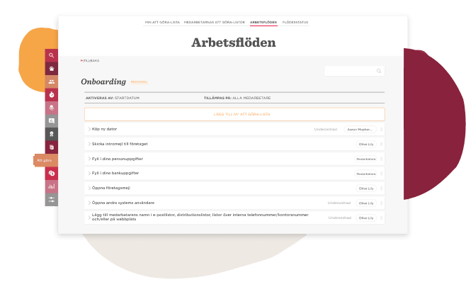 Onboarding interface with tasks for users, featuring a search bar and checkboxes for completion. Clean design and navigation. Arbetsflöden, Onboarding interface