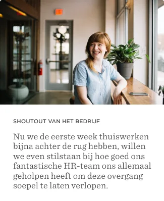woman smiling at a bright office, text about work-from-home transition and HR team support