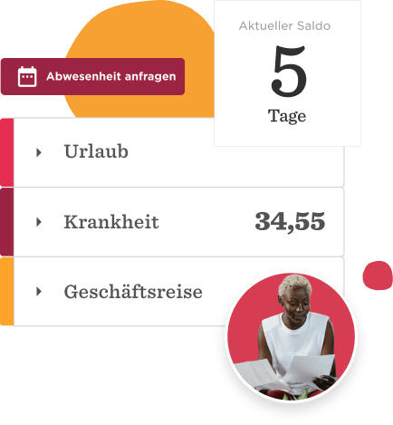 Absence report interface showing balance of 5 days, categories for leave reasons, and a woman reviewing documents, absence report interface, balance display, woman with documents