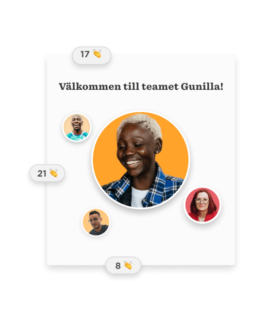 Välkommen till teamet Gunilla! Gruppbild med läskande emojis och glada ansikten., Team welcome illustration with emojis
