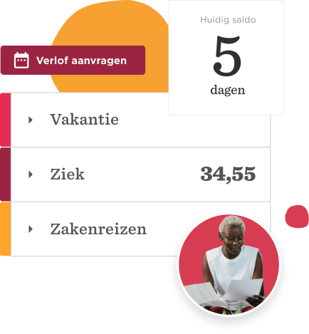 Verlofaanvragen interface with current balance, showing vacation, sick leave, and business travel details., current balance, leave request interface
