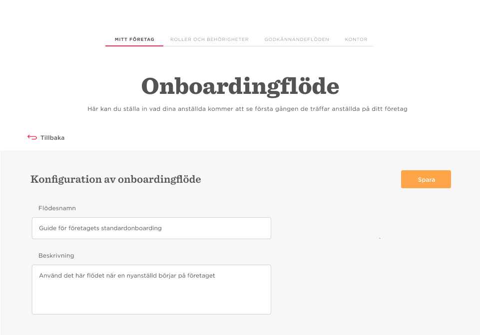 onboarding flow configuration page for employee introduction, text fields for onboarding name and description, save button