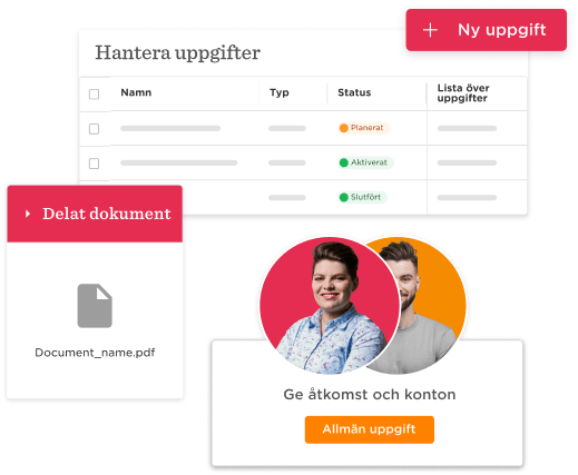 Hantera uppgifter interface with tasks table, document icon, and user profiles for project collaboration. , taskmanagement, usercollaboration