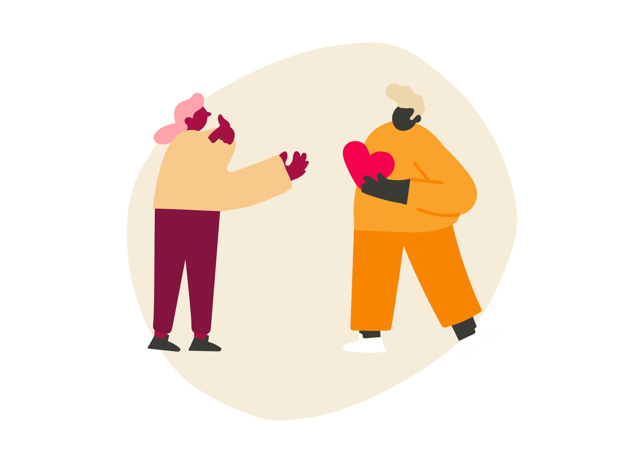 people exchanging hearts, illustration of connection and emotional support between two characters