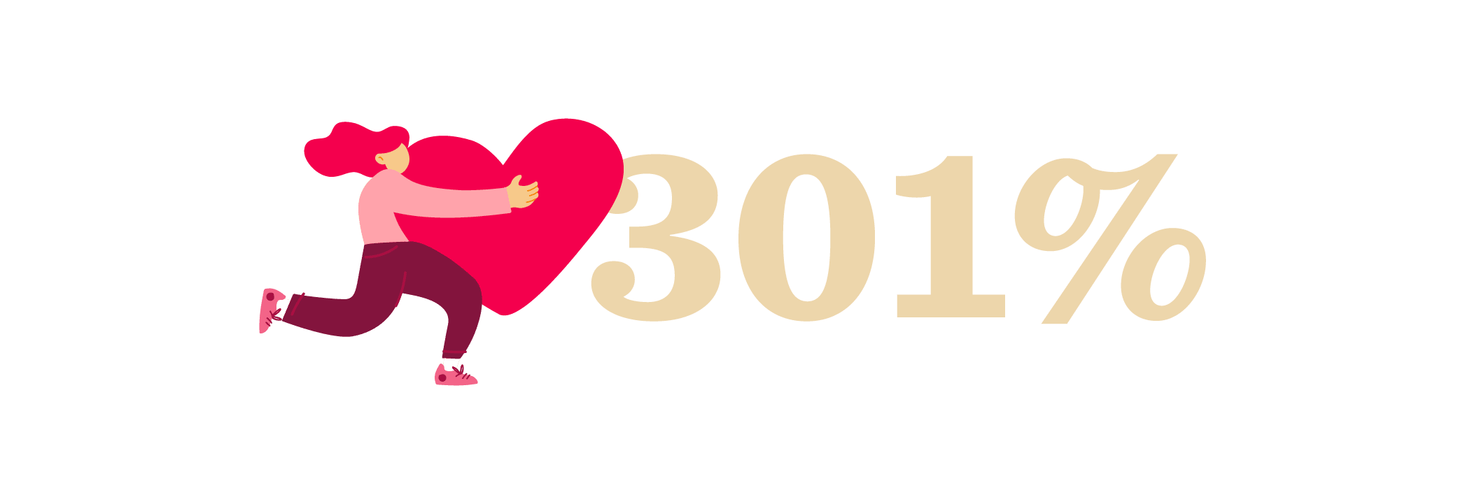 person embracing a large heart with the text "301%" emphasizing love and positivity, illustration expressing enthusiasm and growth