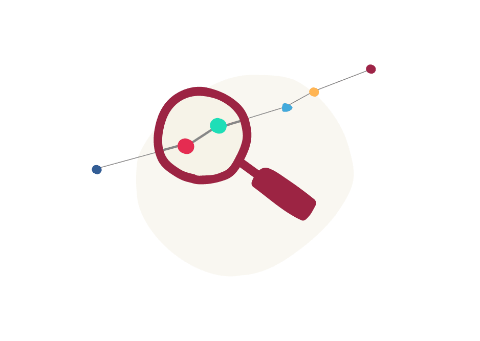 magnifying glass over a line graph with colorful data points, data analysis concept depicting search and insights