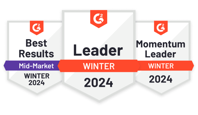 G2 Leader badges for Winter 2024: Best Results Mid-Market, Leader, Momentum Leader, G2 badges, Winter 2024 rankings