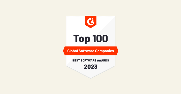 Top 100 global software companies badge G2 Best Software Awards 2023, G2 badge software awards 2023