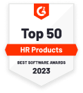 Top 50 HR Products 2023 award badge, Best Software Awards recognition for HR software excellence