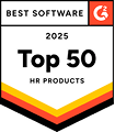 Best Software 2025 badge, Top 50 HR Products, G2 logo, vibrant colors for accolades and recognition, Award recognition for HR software excellence