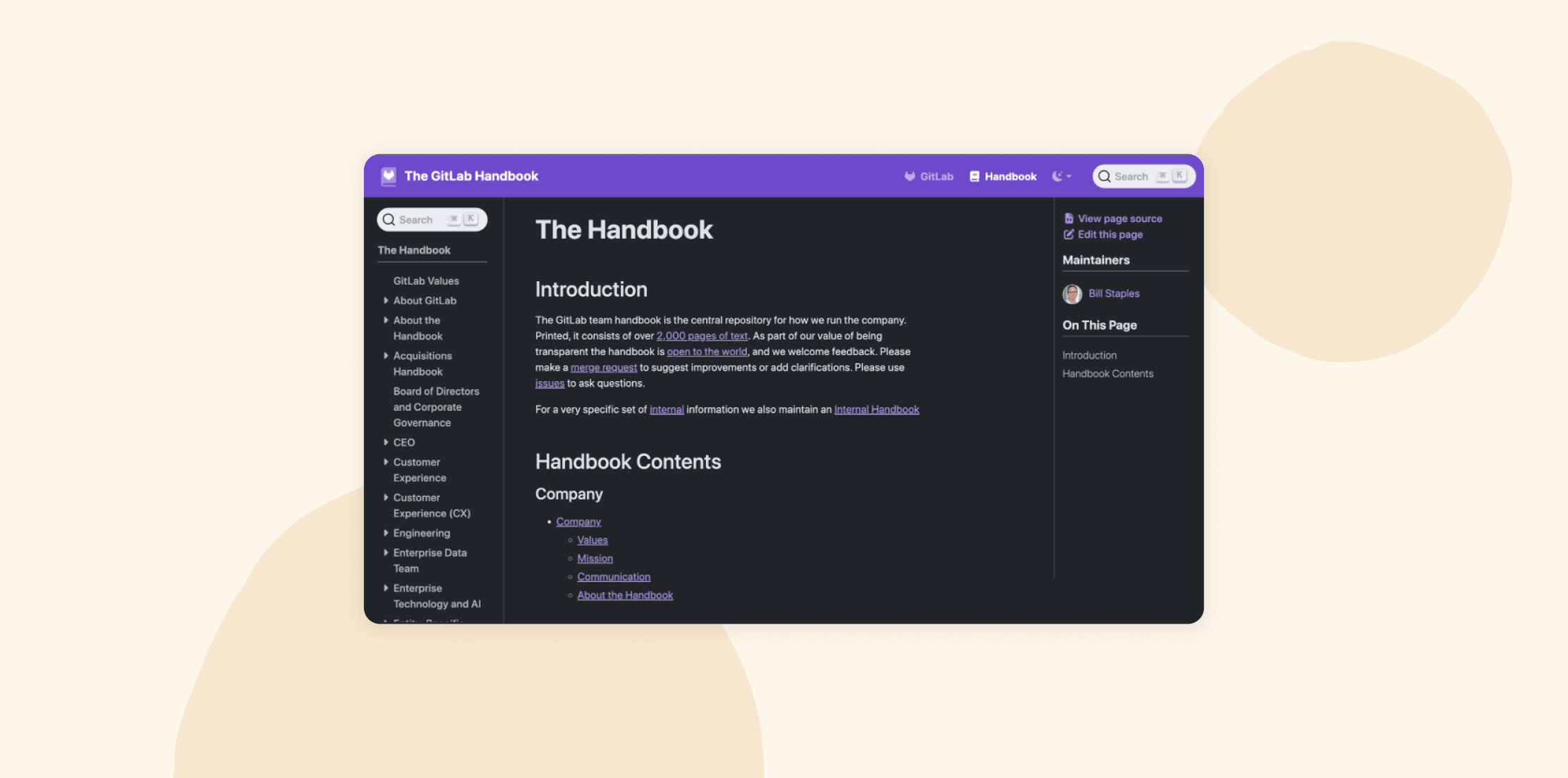 GitLab Handbook interface displaying navigation menu and introduction. Dark theme with clear headings., GitLab, Handbook