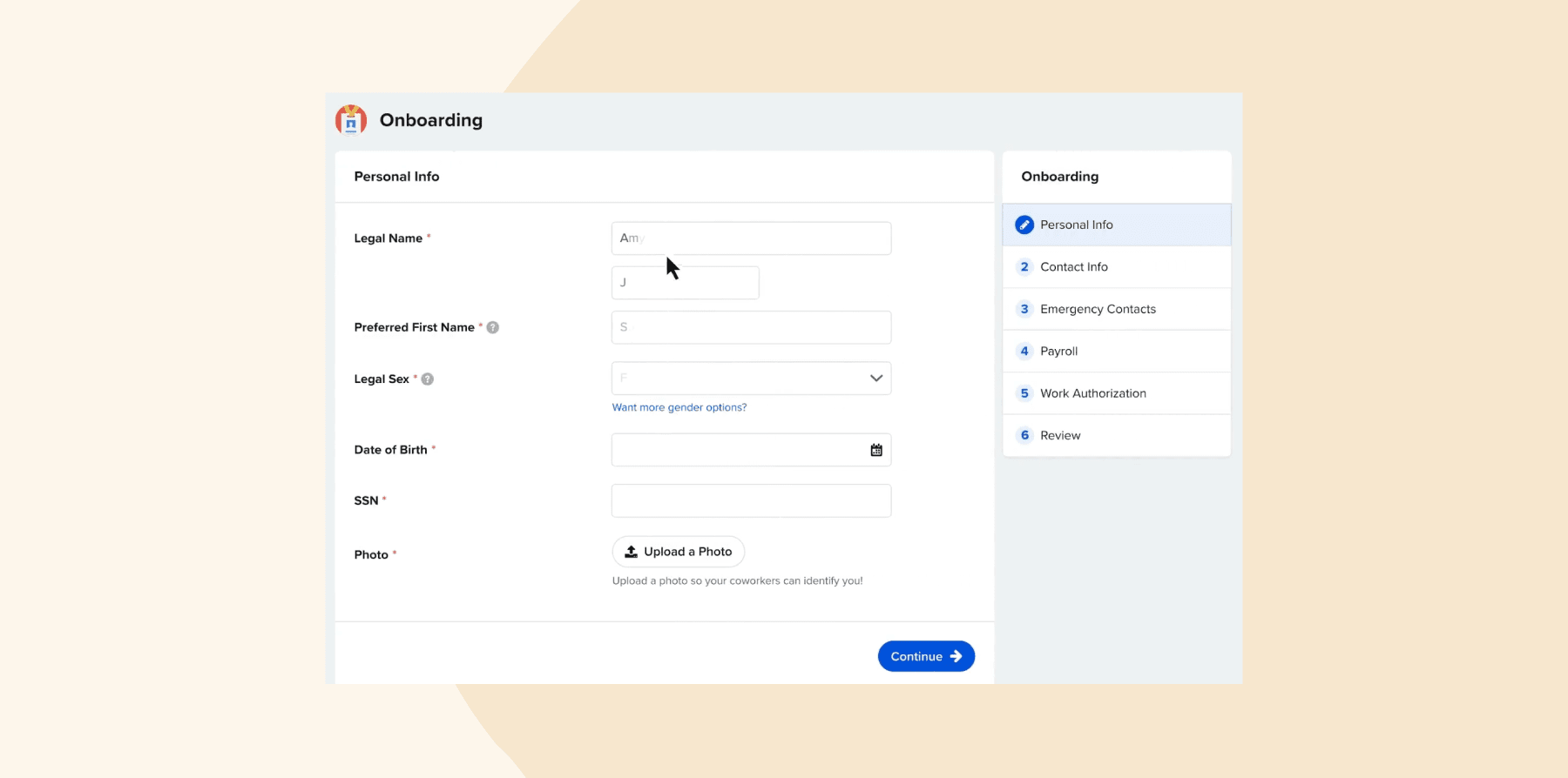 onboarding form with personal info fields, including name, birth date, and upload photo option, user interface for employee onboarding process