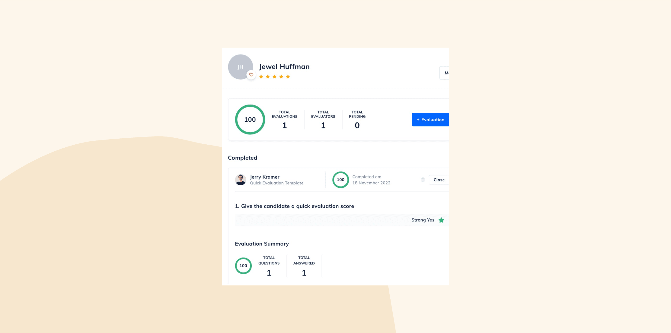 Jewel Huffman evaluation profile summary with 100% score, completed tasks, and evaluation metrics information. User interface design, evaluation metrics