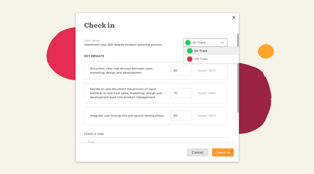 Check-in interface for product planning with goals, key results, and progress indicators on target completion. , ProductManagement, GoalTracking