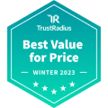 Best Value for Price Award Winter 2023, TrustRadius Badge with teal hexagon background and five stars design