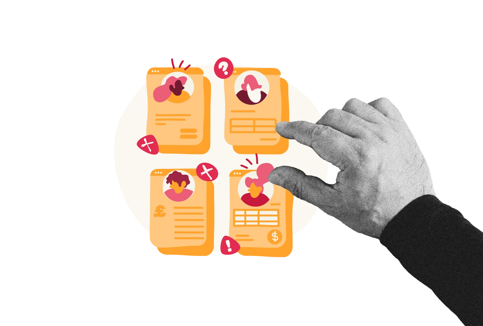 hand selecting user profiles with alerts and icons, depicting feedback and interaction in digital design, colorful digital interface elements with various icons representing user actions