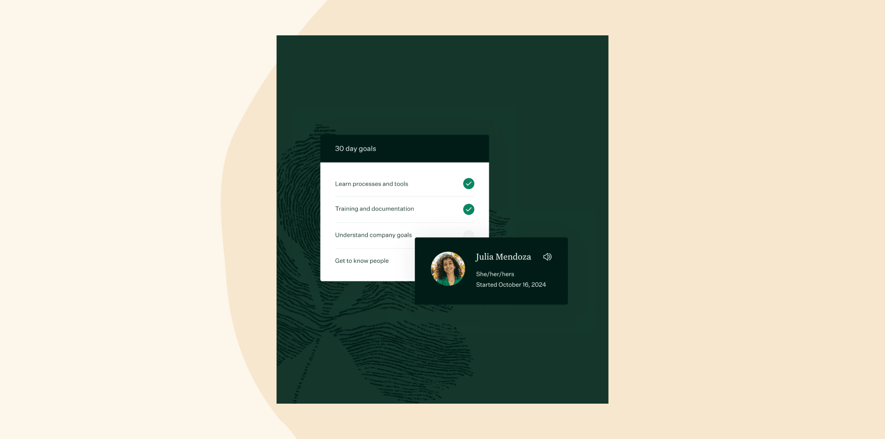 30-day goals checklist with ticks, featuring Julia Mendoza's profile and details on a dark green background, Goals and profile details on a dark green backdrop