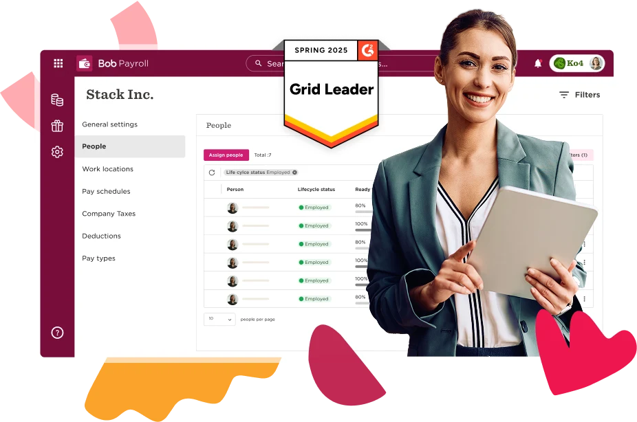 Bob Payroll interface showcasing employee lifecycle status, with a professional woman holding a tablet, smiling. , PayrollSoftware, EmployeeManagement