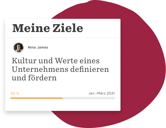 Meine Ziele Karte zeigt Fortschritt in Unternehmenswerten, mit Profilbild und Zeitraum von Januar bis März 2021. 50%, Fortschritt, NinaJames