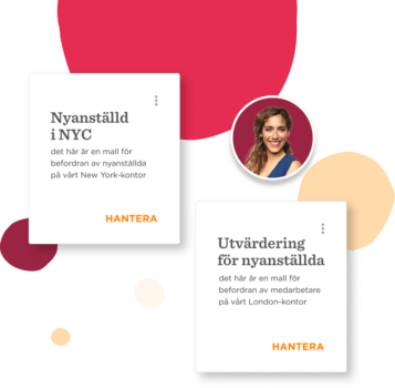 Nyanställd info cards for NYC and London, featuring an employee's profile picture and vibrant color elements, Employee onboarding materials in a modern design