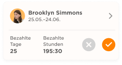 Brooklyn Simmons profile card showing 25 paid days and 195 hours worked totaling. 25, 195:30