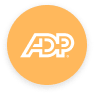 ADP logo in white text on a bright orange circular background, symbolizing brand identity and recognition, business branding logo design