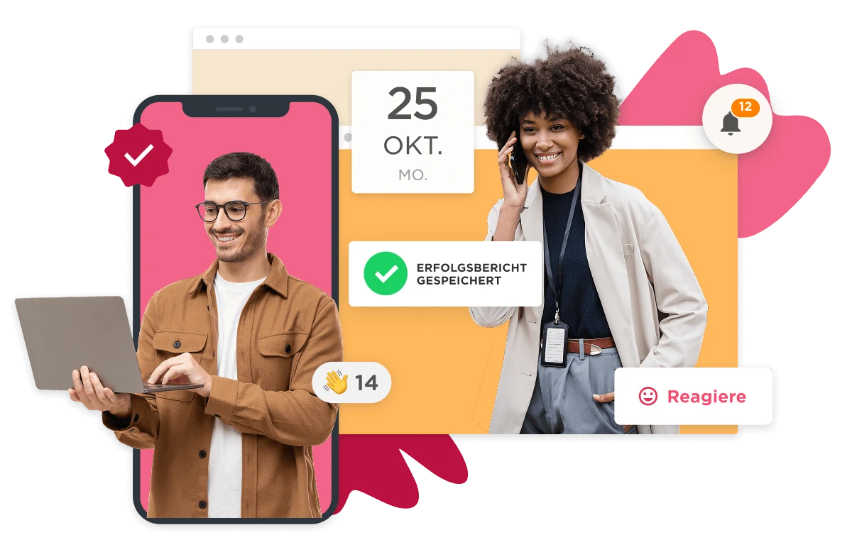 person using laptop on mobile screen, woman on phone with notifications and calendar date displayed