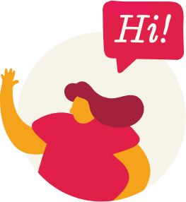 cartoon person waving with a speech bubble saying 
