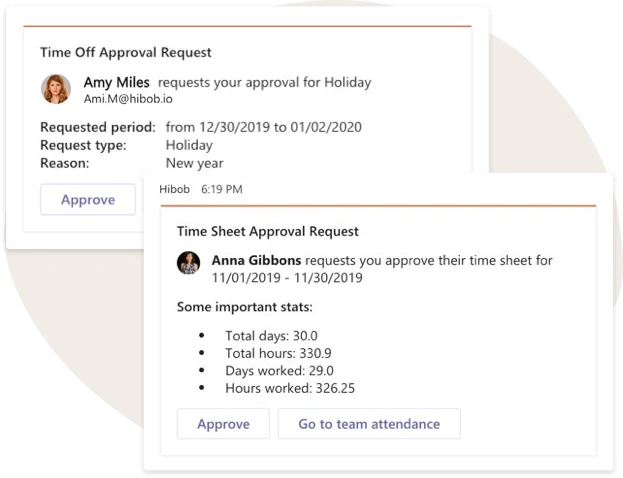 Time-off and time sheet approval requests with details and action buttons for efficient task management, Approval requests for holiday and timesheet with user details and statistics