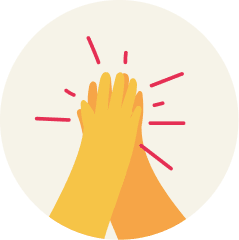 hands high-fiving, colorful graphic of hands celebrating a high-five in a circular design