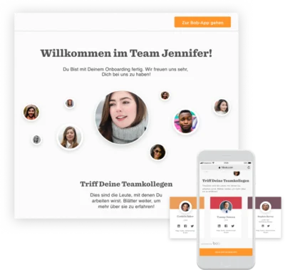 Willkommen im Team Jennifer! Onboarding-Interface zeigt Teammitglieder und mobile App Ansicht., Onboarding-Screen, Team-Mitglieder